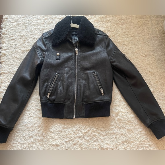 Diesel black leather bomber jacket removable shearling collar vintage XS - Picture 2 of 6